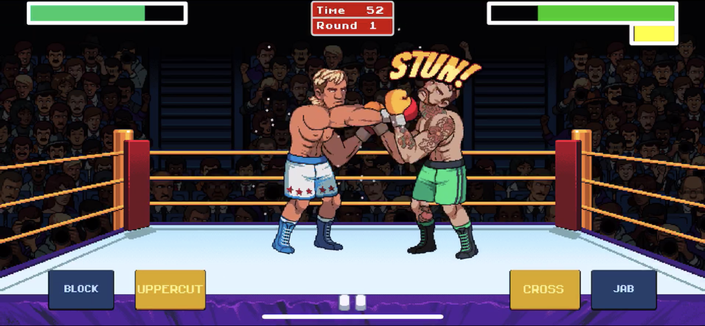 Pixel art boxing match gameplay showing two fighters in a ring with a stun message