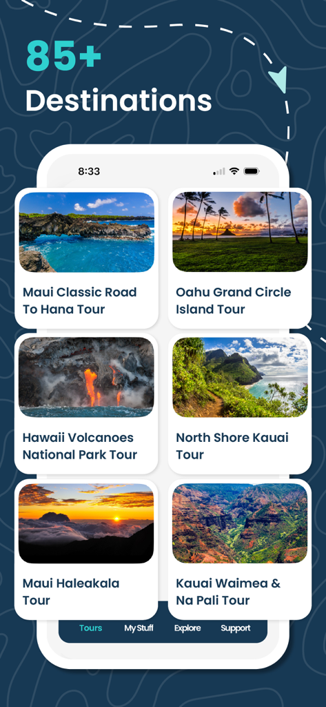 Shaka Guide App-Oberfläche, die eine Vielzahl von Audio-Tour-Zielen auf Hawaii anzeigt.