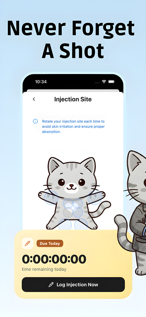 Enzo GLP1 app screen showing an injection site rotation guide with a cartoon cat mascot and a log injection button