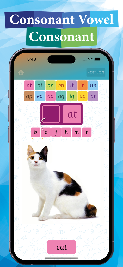 Pädagogische Benutzeroberfläche zeigt die Bildung von CVC-Wörtern für das Wort Katze