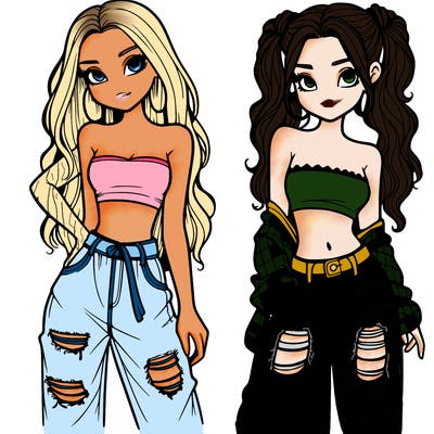 2 girls in crop tops and baggy jeans ripped