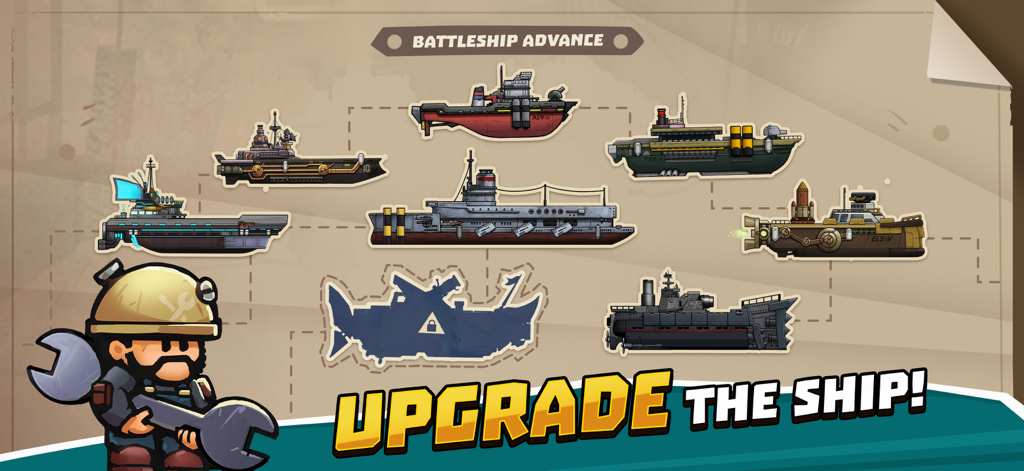 High Seas Hero - A menu showing various warship models and a character with a wrench for the battleship advance feature in High Seas Hero.