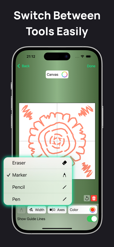 Symmetry Drawing App - Symmetry Drawing App interface showing the brush selection menu with options for marker, pencil, and pen