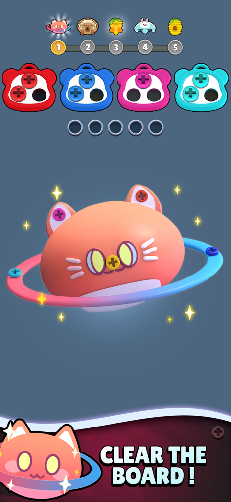 Gameplay screen of Color Bolts Sort showing a cat character with colored screws to be sorted into bins