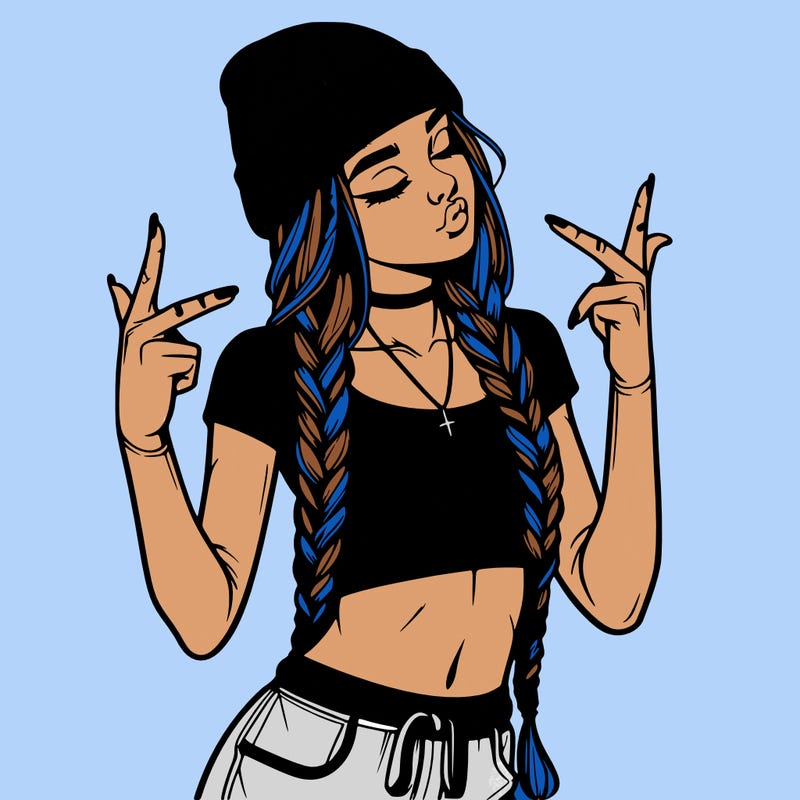 realistic teenage girl with braids and a beanie and crop top doing 🫶🏼