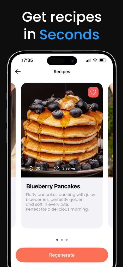 AI Recipe - Cooking Ideas - ブルーベリーパンケーキのレシピを表示するモバイルアプリ画面。パンケーキの山にシロップとブルーベリーがトッピングされています。