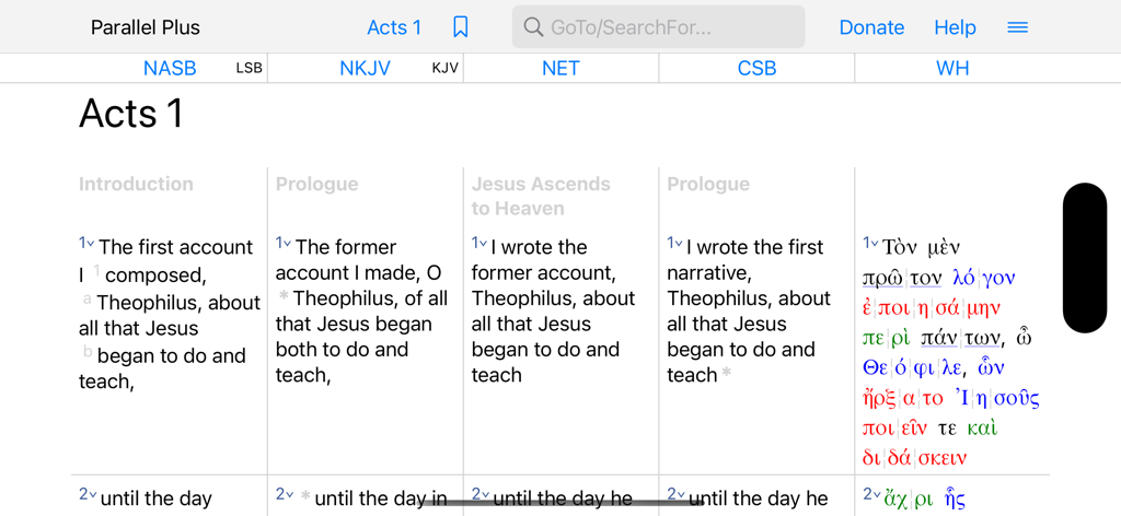 PARALLEL PLUS Bible-study app - L'app di studio biblico Parallel Plus mostra un confronto fianco a fianco di Atti capitolo 1 in più traduzioni inglesi e greco.
