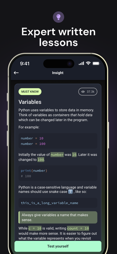 A coding lesson on Python variables in the Enki app interface