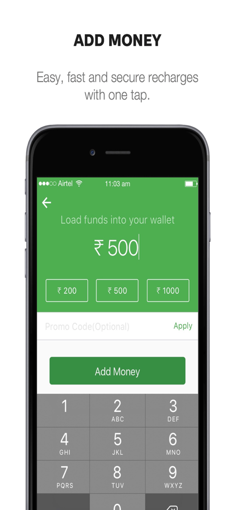 Ola Money - Wallet & Payments - A mobile screen showing the Ola Money wallet add funds feature with an input for 500 Rupees
