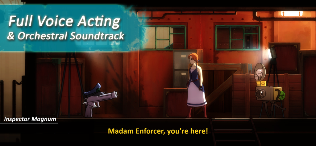 Forgotton Anne - Anne interacting with a sentient gun called Inspector Magnum in a cinematic scene from Forgotton Anne.