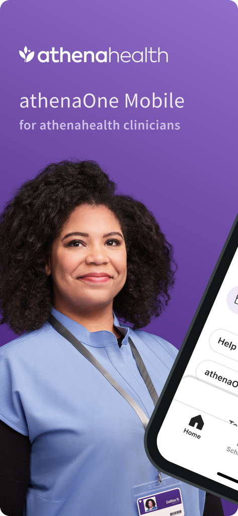 A healthcare professional in blue scrubs smiling next to the athenaOne Mobile app interface on a purple background.