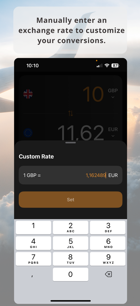 Currency Converter Plus - Interface of Currency Converter Plus app showing the custom exchange rate input screen for British Pound to Euro.