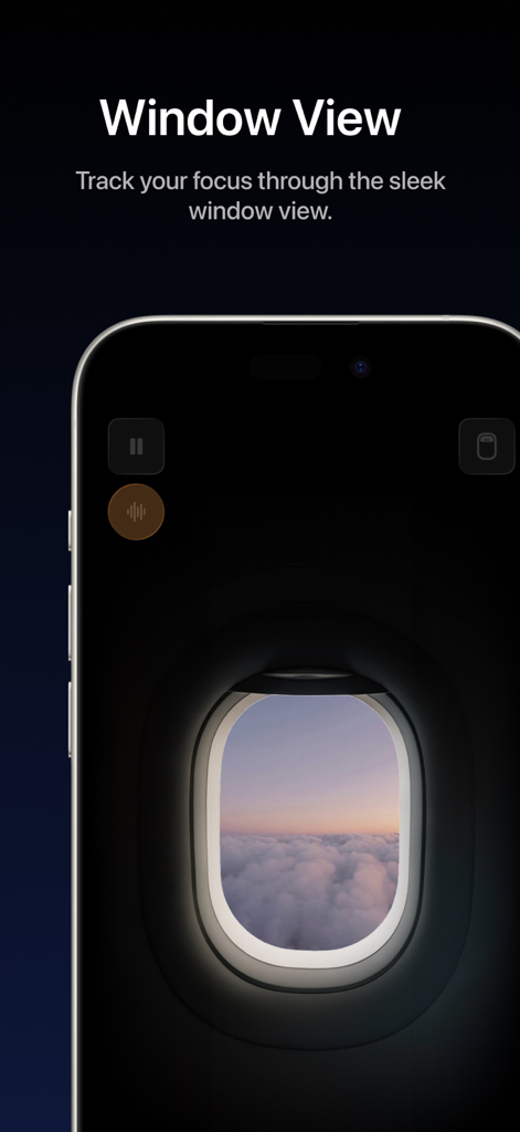 FocusFlight - Deepfocus Timer - Aplicativo FocusFlight exibindo uma vista de janela de avião virtual para ajudar os usuários a focar durante as sessões de estudo.