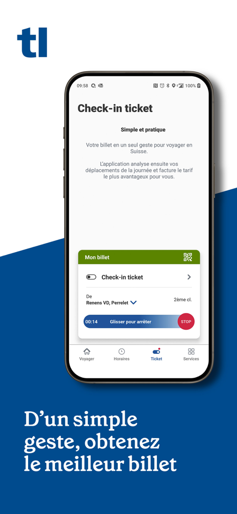 Interfaz de billete de check-in de la app de transporte público tl para Suiza