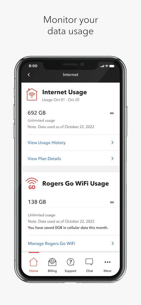 Screenshot dell'app MyRogers Shaw che mostra il consumo di dati Internet e WiFi