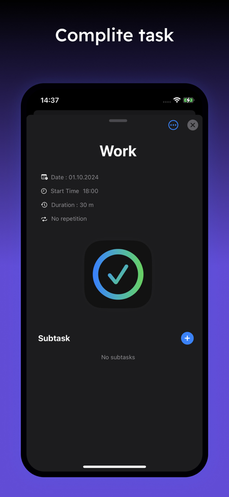Daily Planner & Schedule App - Una pantalla de detalles de tarea en la aplicación Daily Planner que muestra un evento de trabajo con duración y subtareas