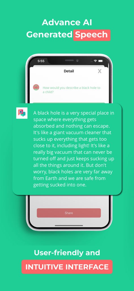 Speech AI - AI Essay Writer - Pantalla de smartphone mostrando la interfaz de la aplicación Speech AI con una respuesta generada por IA explicando un agujero negro a un niño.
