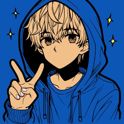 teenage manga boy in a hoodie, doing ✌