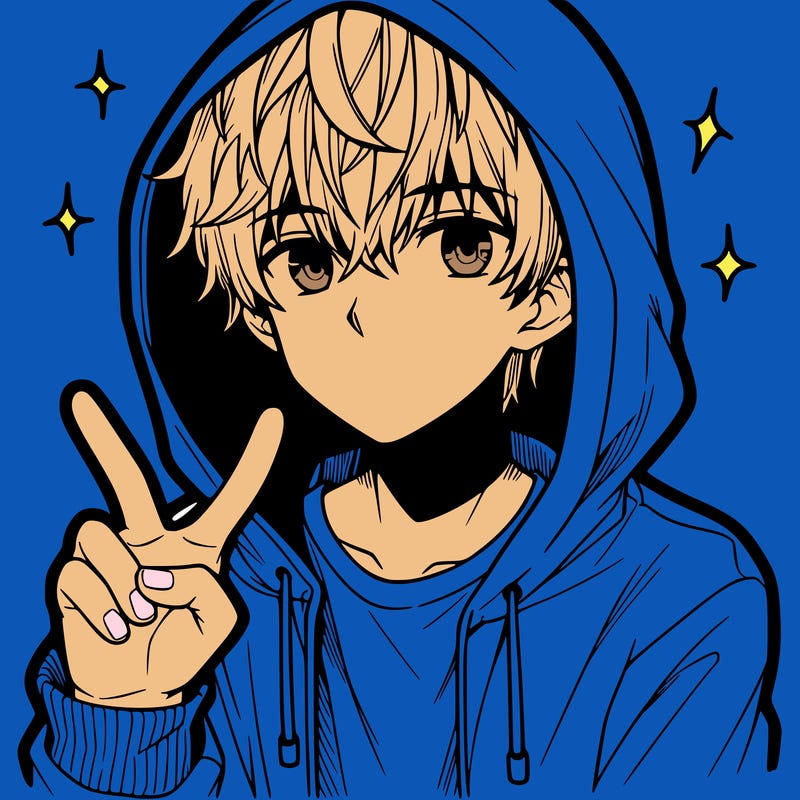 teenage manga boy in a hoodie, doing ✌