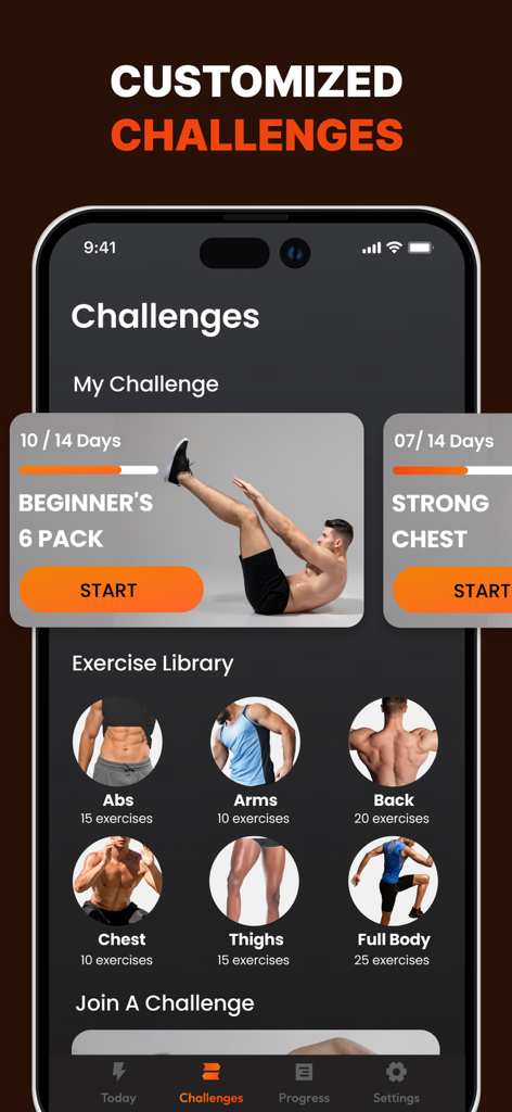 Military Workout: Muscle Max - Interface of the Military Workout Muscle Max app showing customized fitness challenges and a body part exercise library.