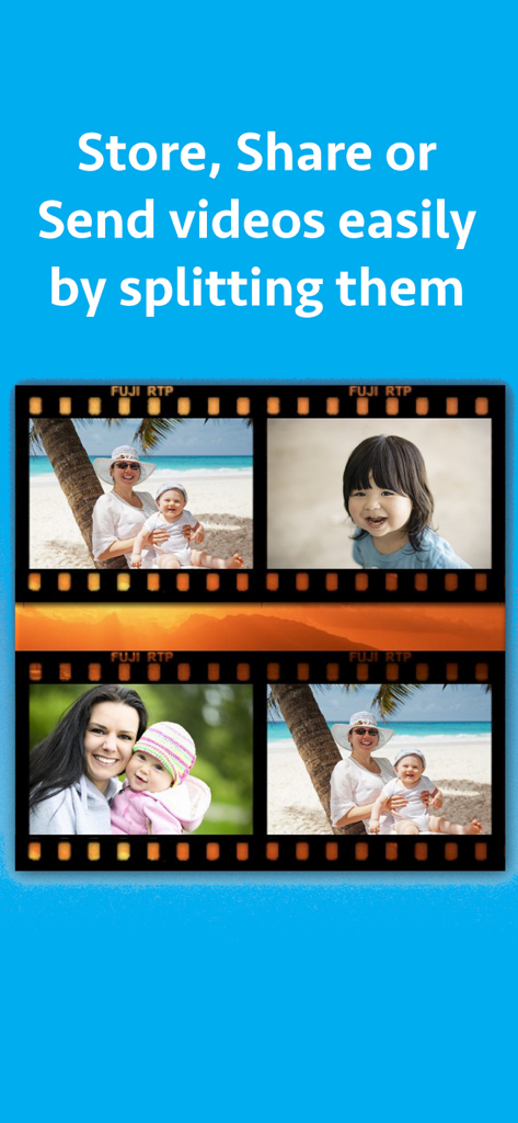 Promotional graphic for Video Divider app showing family video clips on a filmstrip with text about splitting videos for easier sharing