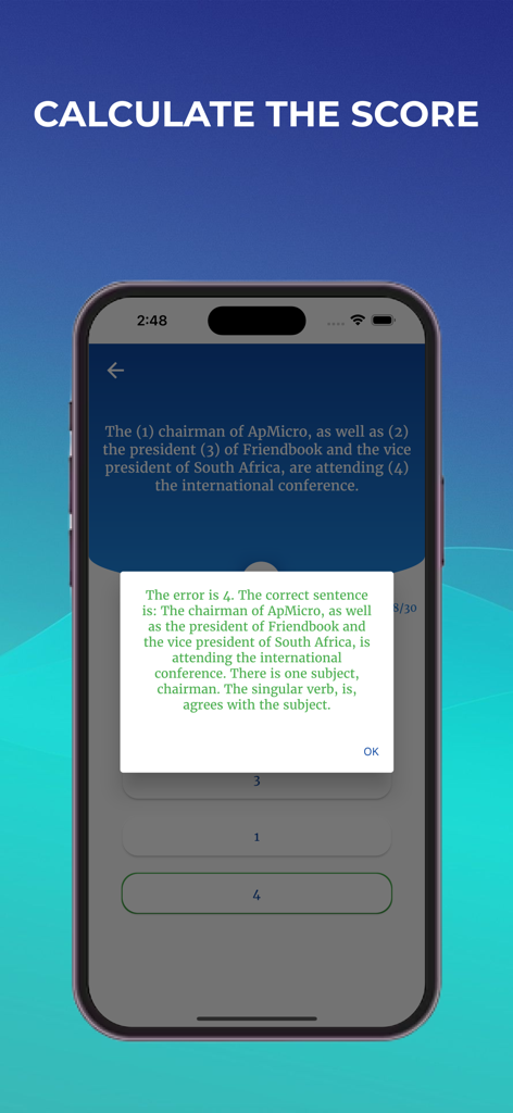 TOEFL Practice 2024 - Grammar quiz explanation in the TOEFL Practice 2024 app highlighting correct subject verb agreement.