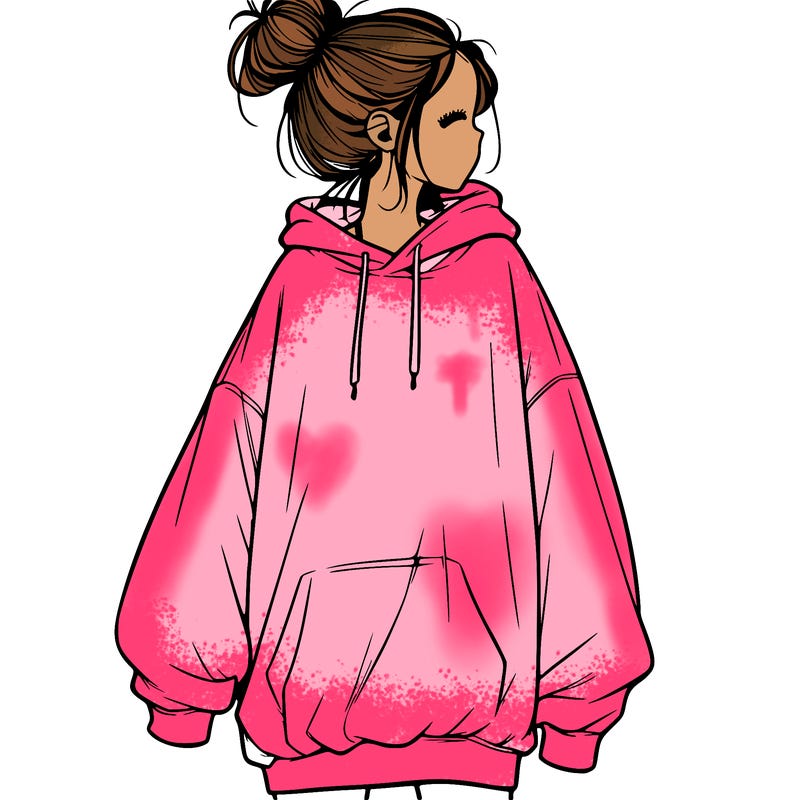 realistic girl with a oversized sweatshirt on and a bun