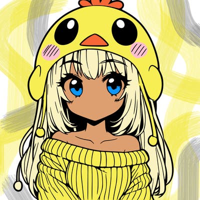 anime girl with chick shaped hat with sweater with bare shoulders with bangs covering them one eye with low tail