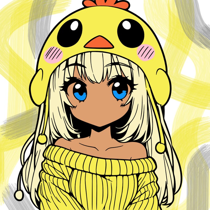 anime girl with chick shaped hat with sweater with bare shoulders with bangs covering them one eye with low tail