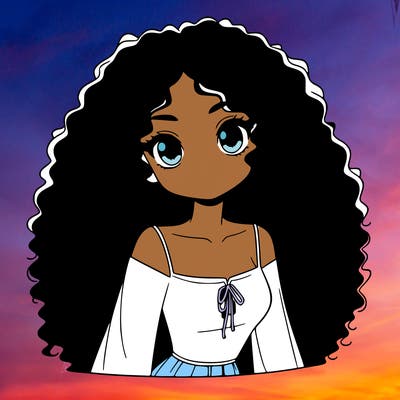 a black anime girl with long afro hair