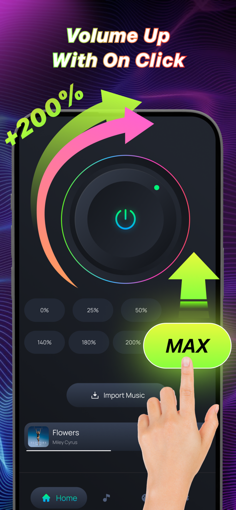 Volume Booster Bass Equalizer - Interfaccia dell'app Volume Booster che mostra un aumento del suono del 200% con un pulsante di volume massimo
