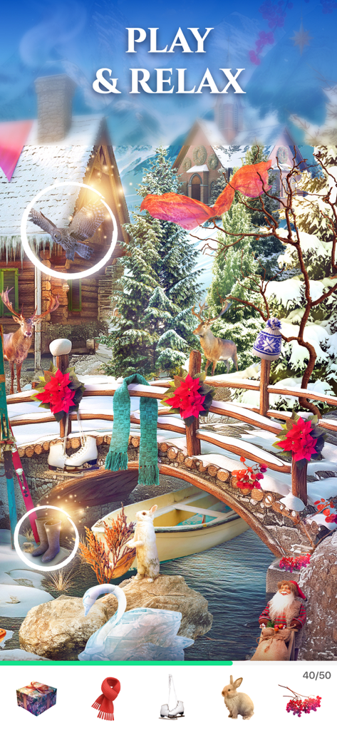 Bright Objects・Find the Hidden - Nivel de juego de objetos ocultos con temática invernal con paisaje nevado y elementos de búsqueda