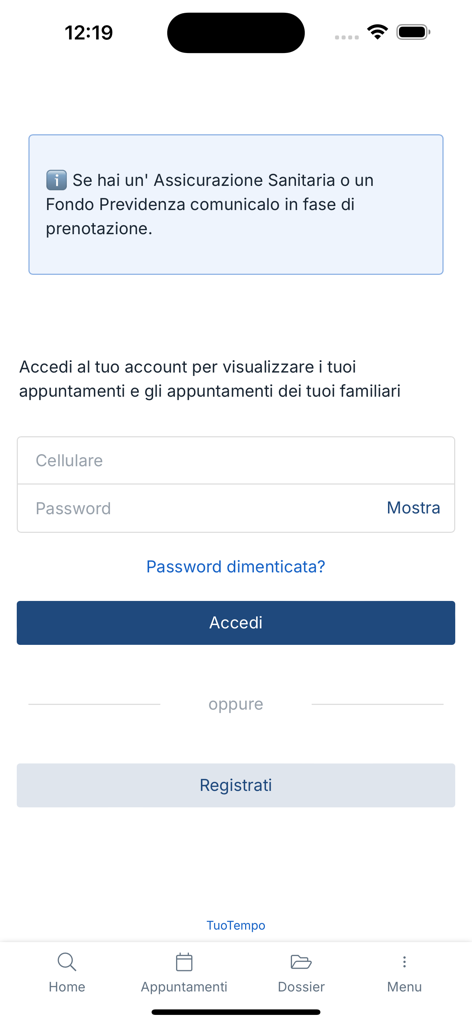 Schermata di login dell'app mobile Sacro Cuore Don Calabria con campi per numero di cellulare e password per accedere al portale del paziente