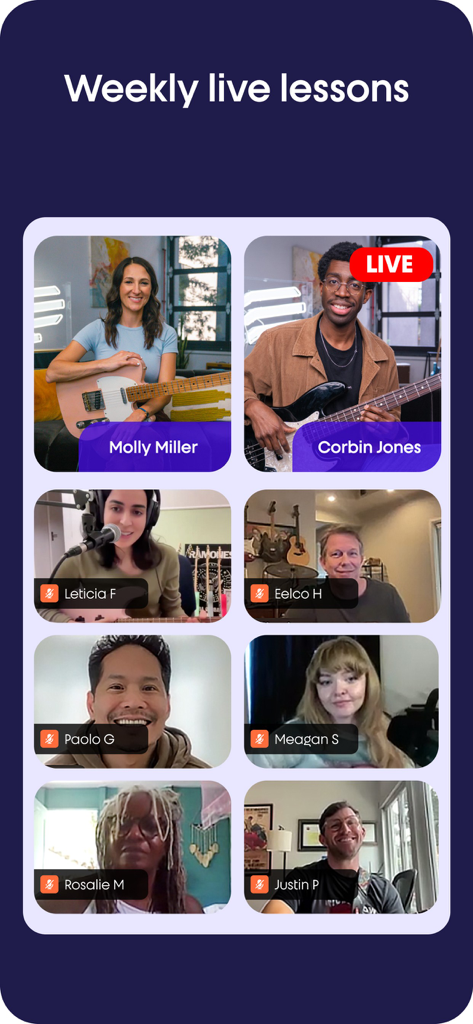 Pickup Music: Guitar & Bass - Grid of live video feeds showing instructors and students participating in a weekly group guitar lesson.