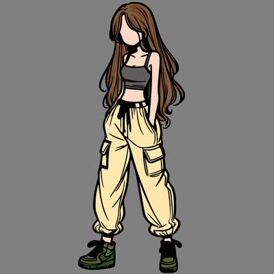 girl in baggy pants crop top and long hair