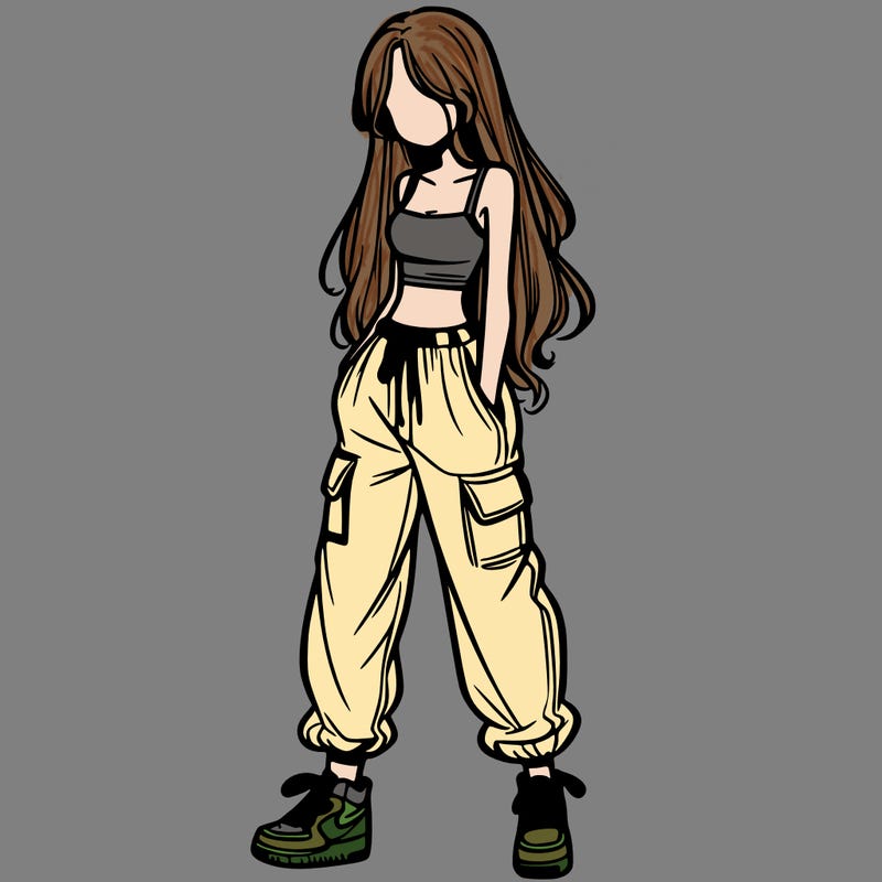 girl in baggy pants crop top and long hair