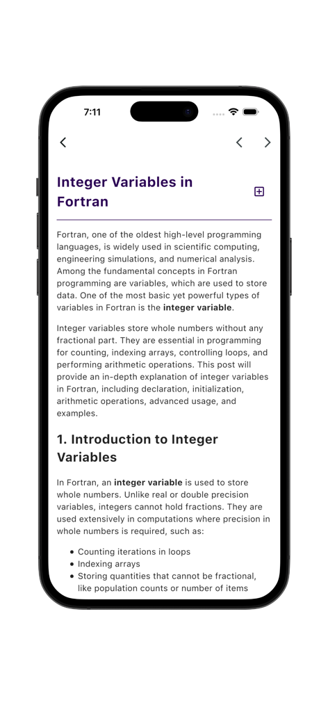 Educational screen from the Learn Fortran app explaining integer variables and their uses in scientific computing