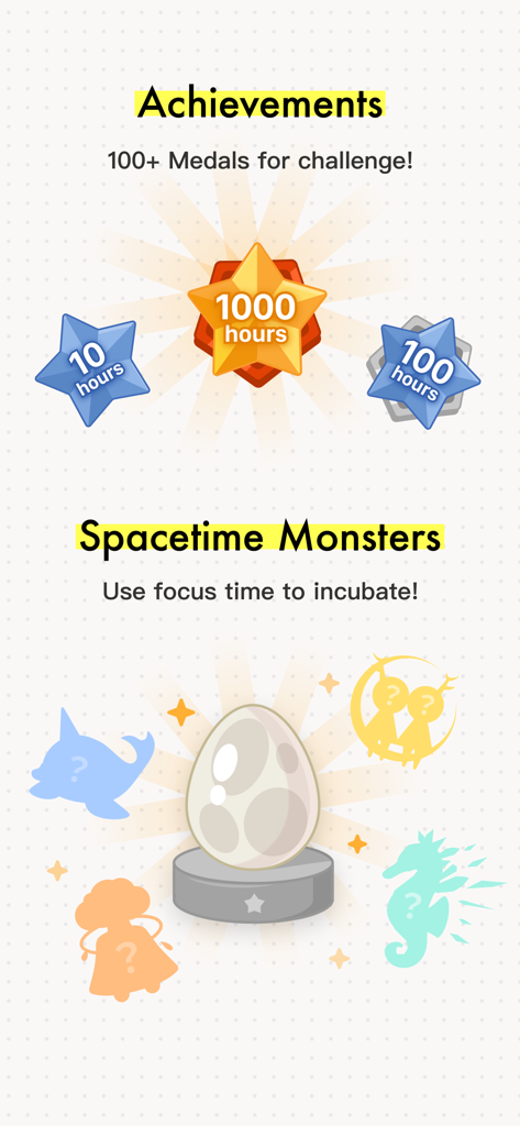 iHour app screen showing focus time achievement medals and spacetime monsters to incubate