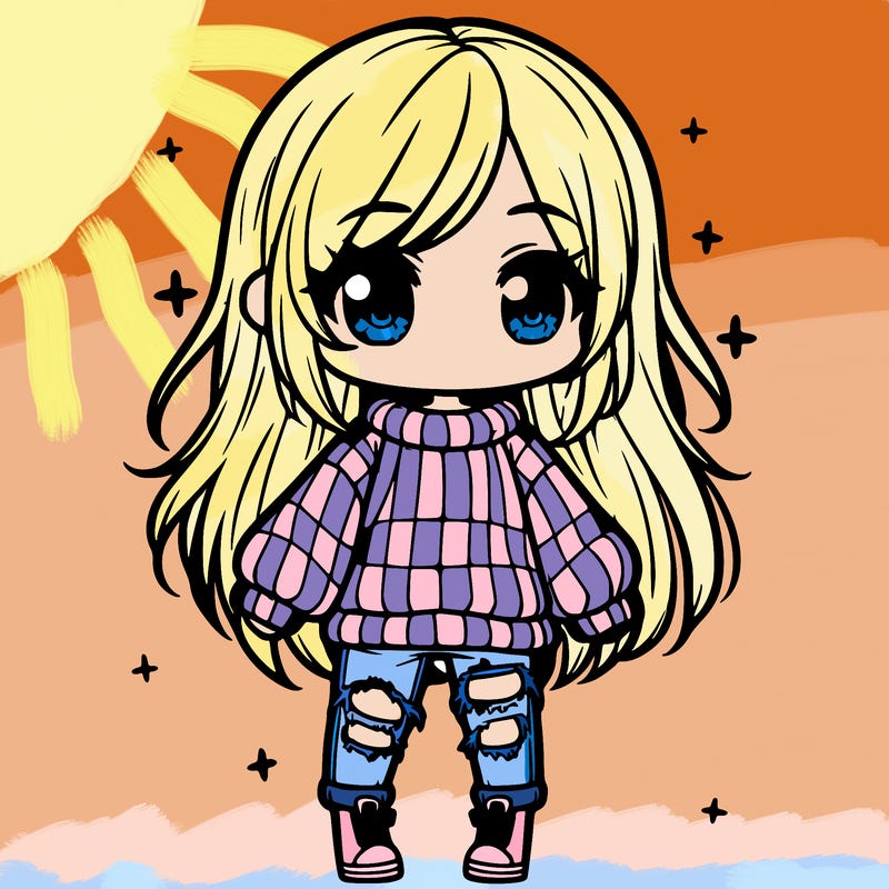 chibi girl with ripped jeans,long hair, and an oversized sweater