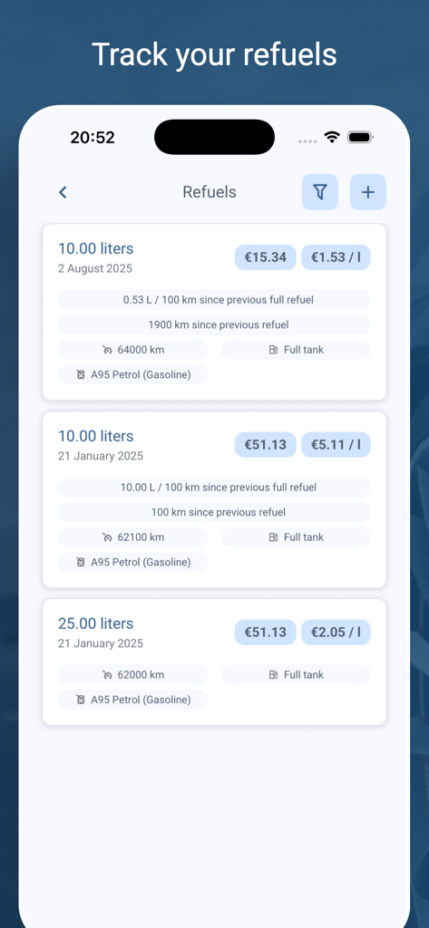 CarDiary - Expenses and fuel - CarDiaryアプリインターフェース。記録された燃料ログとガソリン代のリストが表示されています