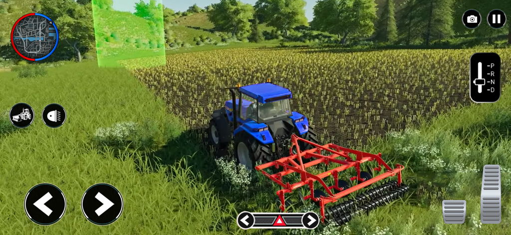 Farming Games Tractor Driving - A blue tractor driving in a green field with farming equipment attached in a simulation game