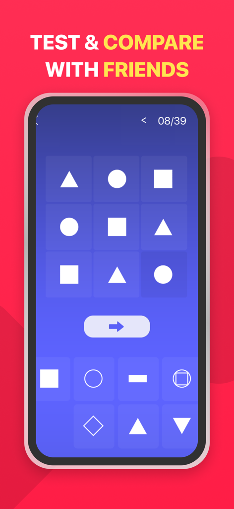 IQ Test: Fun Intelligence Quiz - A 3x3 grid of circles, squares, and triangles on a mobile screen for a logic IQ test.