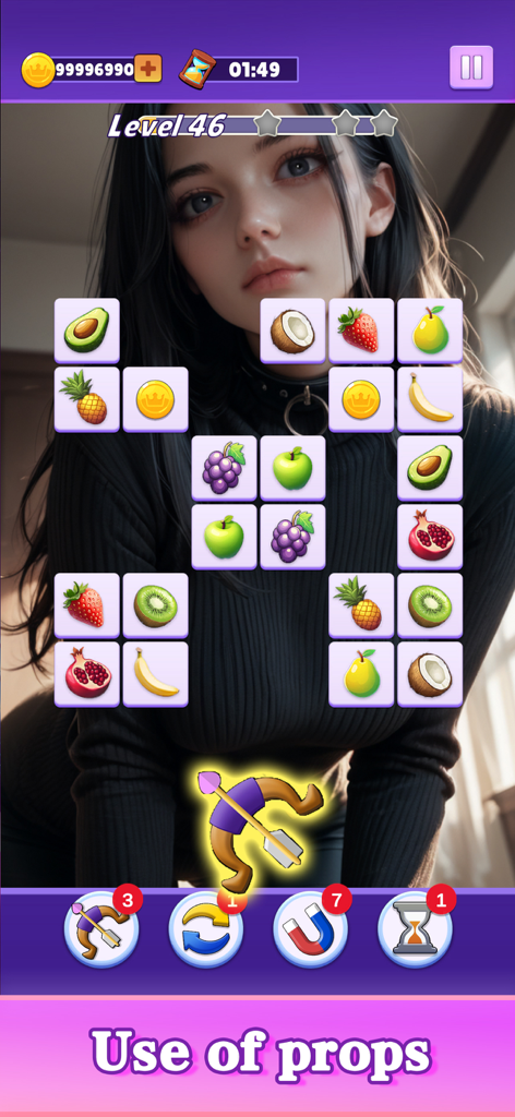 Beauties Onet - Pretty Match - Beauties Onet puzzle game level 46 showing fruit tiles and character background with game props