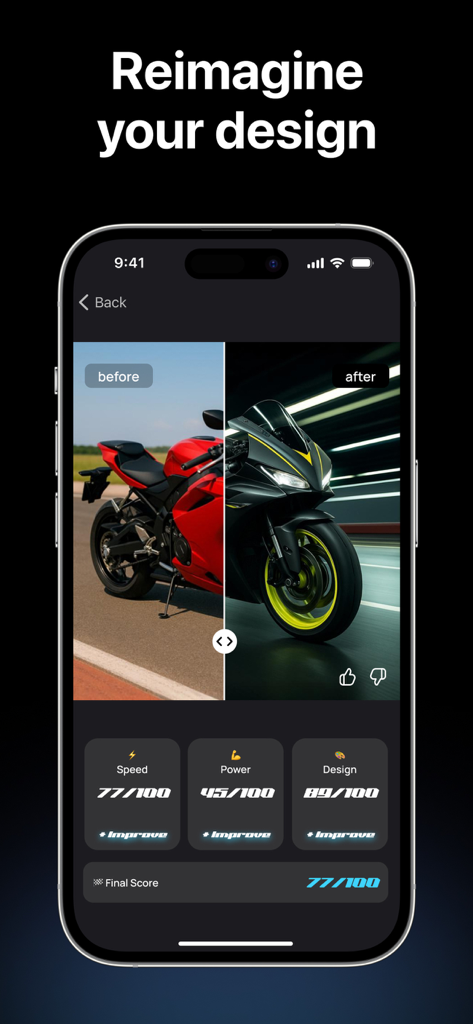 Mods: AI Car Designer & Tuning - Before and after motorcycle tuning comparison with AI design scores