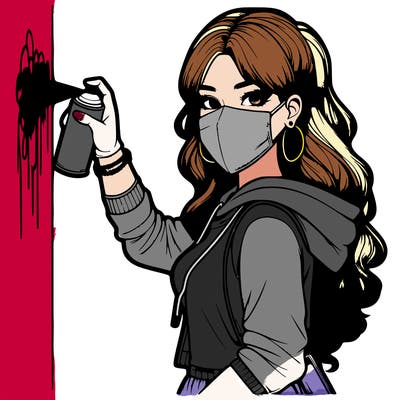 realistic girl with mask spray painting a wall