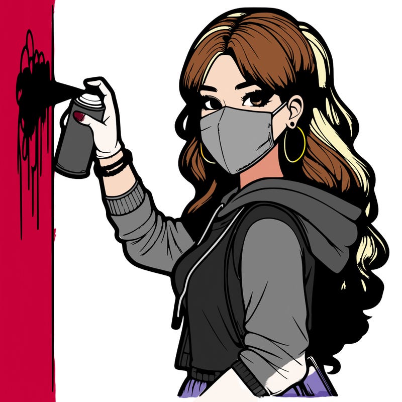 realistic girl with mask spray painting a wall