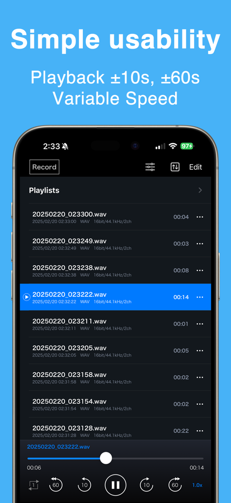 PCM Recorder Lite - PCM Recorder Lite app interface showing a list of audio recordings and playback controls