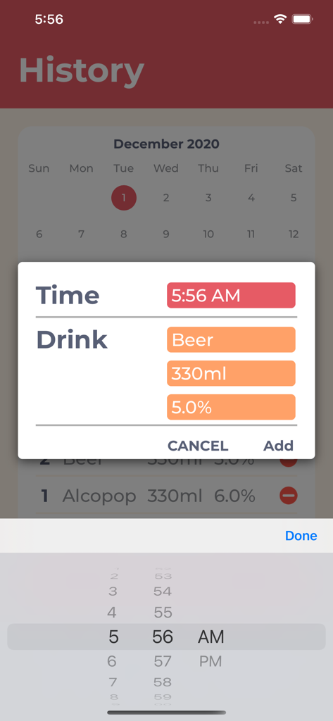 Drinking Log - Add drink popup on the History screen of the Drinking Log app