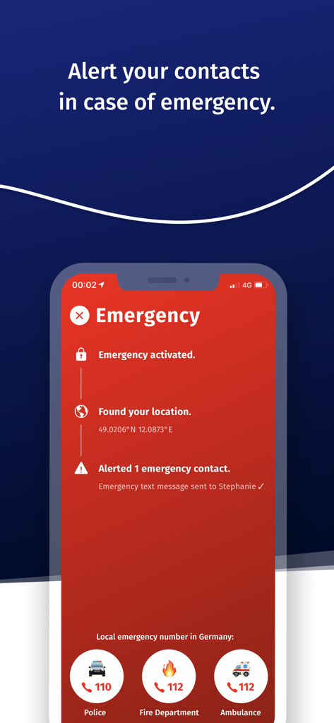 Screenshot of the Arrive Safe app showing an active emergency alert screen with GPS coordinates and options for local emergency services.