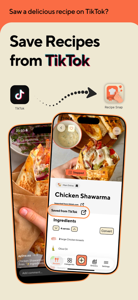 Recipe Keeper: RecipeSnap - RecipeSnap app showing a chicken shawarma recipe imported from TikTok